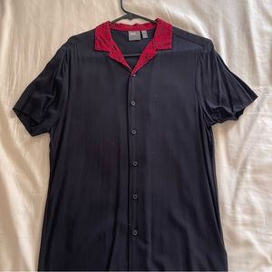 Black Deep V Shirt with Red Leopard Print